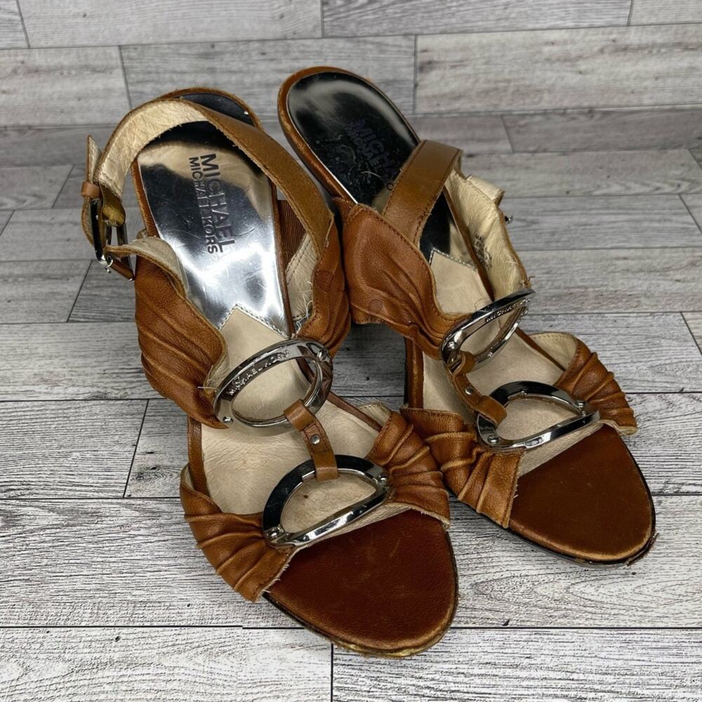 MICHAEL KORS Brown Leather and Silver Ring Detail Sandal Style Heels Size 7.5